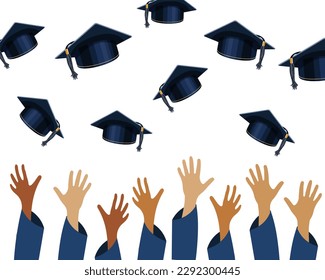 Graduation party banner with raised hands and graduation caps. Design for graduate diploma, awards. Education concept. Vector