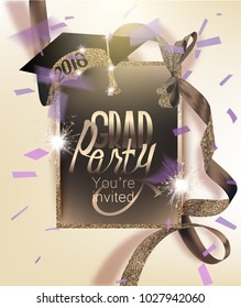 Graduation party banner with ribbon with circle pattern and hat and confetti. Vector illustration