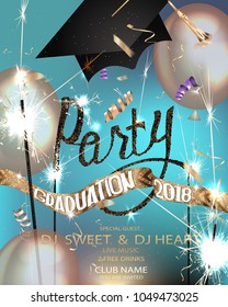 Graduation Party banner with serpentine, air balloons and sparkle letters and graduation cap. Vector illustration