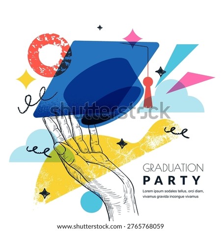 Graduation party banner template. Modern vector collage with sketch hand throwing mortarboard in clouds. Modern education and achievement illustration. Design elements for academic celebration poster