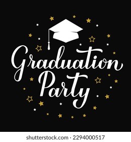 Graduation Party calligraphy hand lettering with graduation hat. Congratulations to graduates typography poster. Vector template for greeting card, banner, invitation, label, etc.