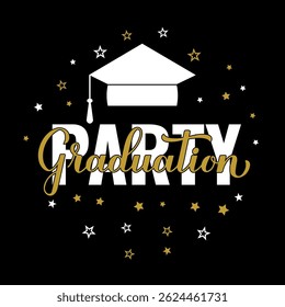 Graduation Party calligraphy round sign. Congratulations to graduates typography poster. Vector template for greeting card, banner, invitation, label, etc
