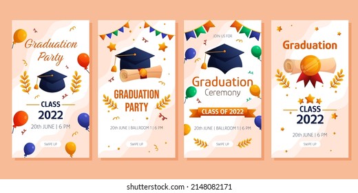 Graduation party and ceremony vertical social media template. Vector layout invitation template. Degree ceremony invite. Student greeting design.