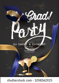 Graduation party with chalk lettering and grad deco objects. Vector illustration