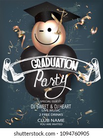 Graduation party with chalk lettering, serpentine and air balloons. Vector illustration