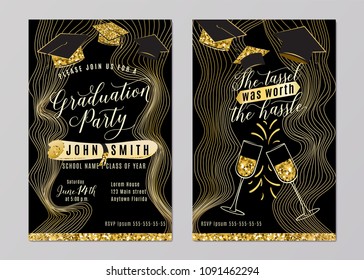 Graduation party class of 2018 vertical invitation card with black gold hats, glasses, diploma. Back and front side. Vector typography lettering illustration for celebrating date. Web or print design