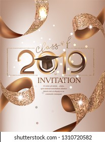 Graduation party class 2019 beige card with golden ribbons. Vector illustration