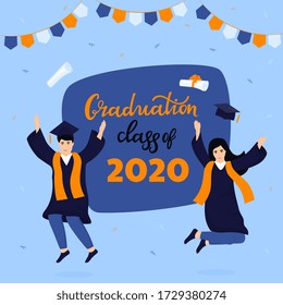 Graduation party. Class of 2020. Greeting banner. Graduates celebrate completion of studies