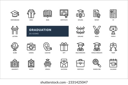 graduation party class of school university collage for education fresh graduate detailed outline line icon set