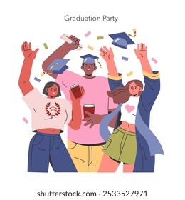 Graduation party concept. Joyful diverse graduates celebrating academic success with confetti, caps, and drinks. End of school year celebration. Vector illustration.