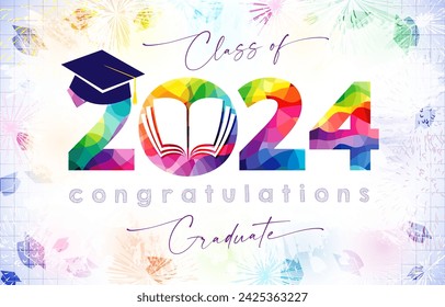 Graduation party creative invitation or banner with bright number and graduating background and open notebook. Educational holiday event backdrop. Class of 2024 greeting card template. Colorful design