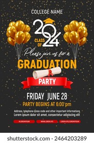 Graduation party degree ceremony poster template, celebration event announcement design with 3d realistic golden balloons, diploma, dark background with place for text. Vector illustration