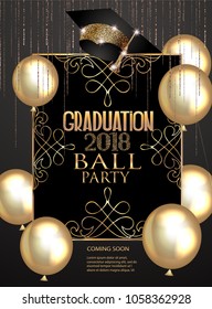 Graduation party elegant banner with  golden design elements and air balloons. Vector illustration