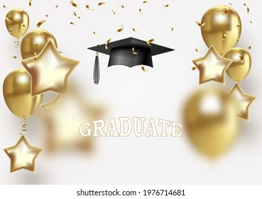 Graduation party elegant banner with golden design elements and air balloons. Vector illustration