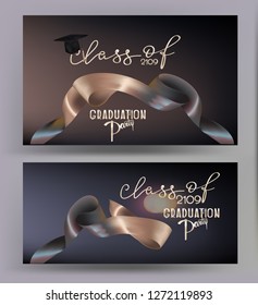 Graduation party elegant banners with two colored levitating ribbons. Vector illustration
