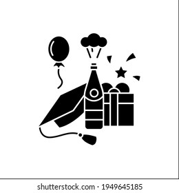 Graduation party glyph icon. Celebrating finished education. Surprise. Decoration, balloon, alcohol. Graduate cup. Graduation concept.Filled flat sign. Isolated silhouette vector illustration