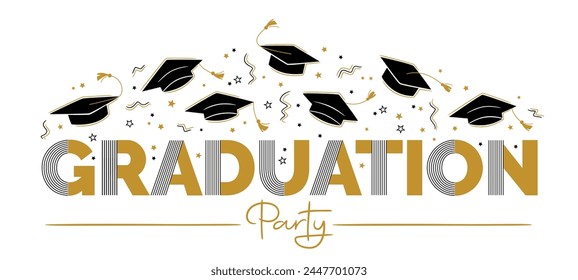 Graduation party greeting sign with square academic caps high into the air. Vector design for graduation, congratulation ceremony, invitation card, banner. Grads symbol for university, high school