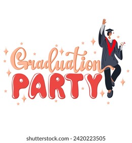 Graduation party. Handwritten text with dancing graduate and scroll of diploma. Element for degree ceremony and educational programs design. Vector illustration