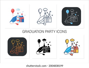 Graduation party icons set. Celebrating finished education. Surprise. Decoration, balloon, alcohol badge for designs.Collection of icons in linear, filled, color styles.Isolated vector illustrations