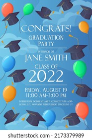 Graduation party invitation 2022 funny card. Sky with balloons square banner.