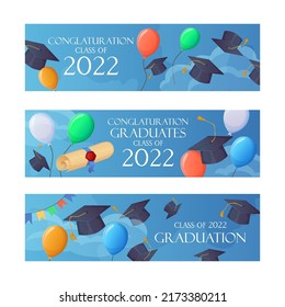 Graduation party invitation 2022 funny banners set. Sky with balloons