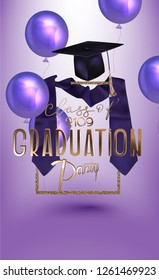 Graduation party invitation card with air balloons andobjects. Vector illustration