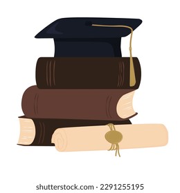 graduation party, invitation card, banner. University, school, academy vector symbol with black hat and a gold tassel. A stack of textbooks and books.