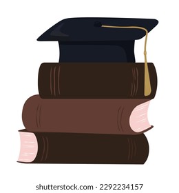 graduation party, invitation card, banner. University, school, academy vector symbol with black hat and a gold tassel. A stack of textbooks and books.