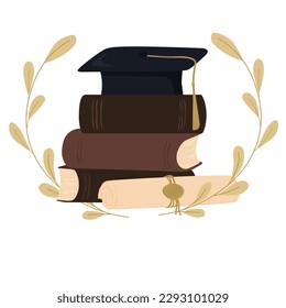 graduation party, invitation card, banner. University, school, academy vector symbol with black hat and a gold tassel. A stack of textbooks and books.