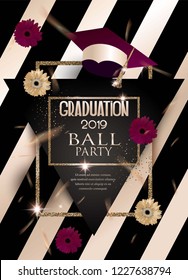 Graduation party invitation card with cofetti, gerbera flowers and golden frames. Vector illustration