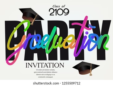 Graduation party invitation card with colorful lettering and graduation caps. Vector illustration