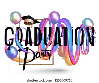 Graduation party invitation card with colorful levitating ribbons and air balloons. Vector illustration