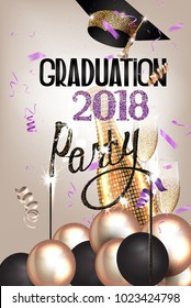 Graduation party invitation card with deco elements and sparklers. Vector illustration
