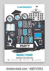 Graduation Party Invitation Card Design With Various Creative Elements, Can Be Used As Template, Banner Or Flyer Design.