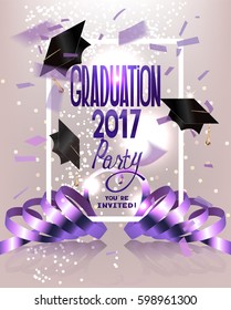 Graduation Party Invitation Card With Flying Hats, Curly Ribbons And Confetti. Vector Illustration