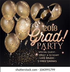 GRADUATION PARTY INVITATION CARD WITH GOLD AIR BALLOONS, SERPENTINE AND GRADUATION CAP. VECTOR ILLUSTRATION