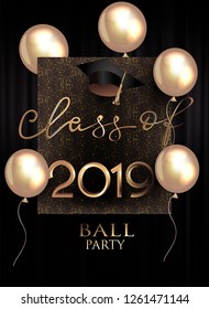 Graduation party invitation card with gold air balloons, sparkling background and graduation cap