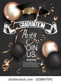 Graduation party invitation card with golden serpantine, graduation cap, air balloons and blackboard background. vector illustration