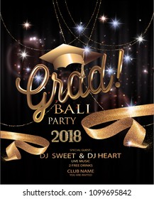 Graduation party invitation card with golden sparkling,ribbons, confetti and garlands. Vector illustration