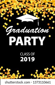 Graduation party invitation card with golden confetti, glitter, graduation cap, and black background, vector illustration.