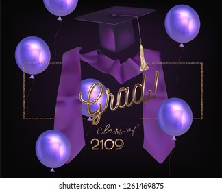 Graduation party invitation card with grad objects. Vector illustration