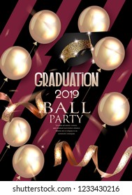 Graduation party invitation card with striped background, air balloons. Vector illustration