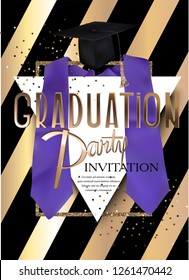 Graduation party invitation card with striped background and graduation objects. Vector illustration
