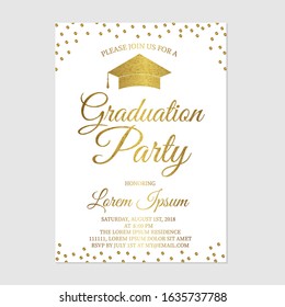 Graduation party invitation card template. Gold glitter polka dots grad party invite. Graduation celebration announcement. Vector illustration.