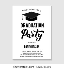 Graduation Party Invitation Card Template. Black And White Grad Party Invite. Graduation Celebration Announcement. Vector Illustration.