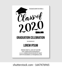 Graduation Party Invitation Card Template. Black And White Grad Party Invite. Graduation Celebration Announcement. Class Of 2020 Vector Illustration.