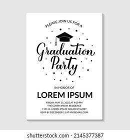 Graduation Party Invitation Card Template. Black And White Grad Party Invite. Graduation Celebration Announcement. Vector Illustration.