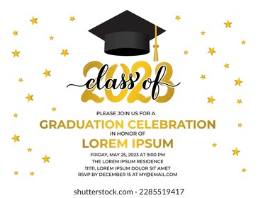 Graduation party invitation card template. Graduation celebration announcement. Class of 2023 vector illustration.