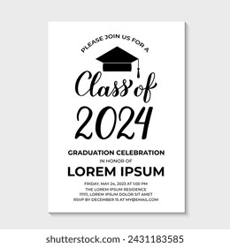 Graduation party invitation card template. Black and white grad party invite. Graduation celebration announcement. Class of 2024 vector illustration