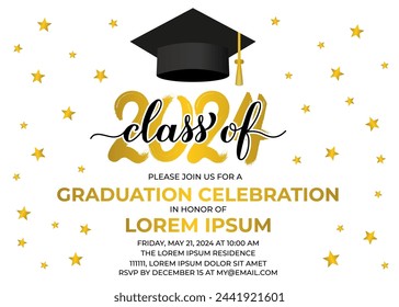 Graduation party invitation card template. Graduation celebration announcement. Class of 2024 vector illustration